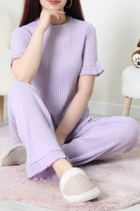 Fitilli Kumaş Fırfırlı Pijama Takımı Lila - 52303.1567.