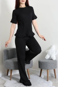 Fitilli Kumaş Fırfırlı Pijama Takımı Siyah - 52303.1567.