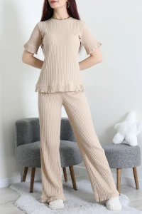 Fitilli Kumaş Fırfırlı Pijama Takımı Bej - 52303.1567.
