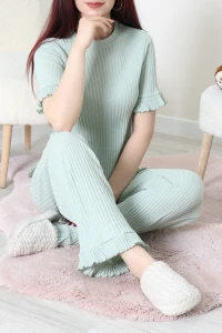 Fitilli Kumaş Fırfırlı Pijama Takımı Mint - 52303.1567.