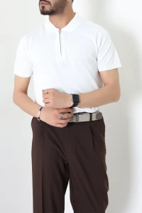 Premium Fermuarlı Polo Yaka Triko Tişört Beyaz - 71596.2167.