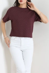 Taşlı Crop Modal Tişört Bordo - 55184.1872.