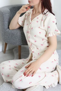 Bürümcük Fırfırlı Pijama Takımı Bejçiçek - 127.1287.