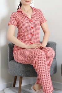 Bürümcük Fiyonklu Pijama Takımı Kırmızıkare - 159.1287.