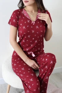 Cares Önü Fiyonklu Yakalı Kısa Kol Fırfırlı Pijama Takımı Bordo - 166.1287.