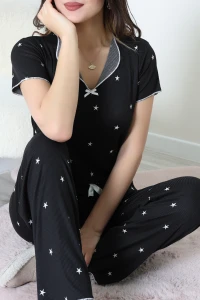 Cares Önü Fiyonklu Yakalı Kısa Kol Fırfırlı Pijama Takımı Siyahbeyaz - 166.1287.