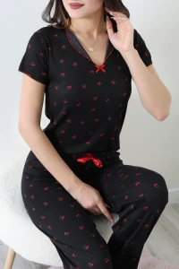 Cares Önü Fiyonklu Yakalı Kısa Kol Fırfırlı Pijama Takımı Siyah - 166.1287.