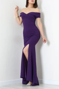 Omuz Dekolteli Krep Elbise Mor - 582904.1592.