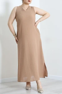 Keten V Yaka Elbise Camel - 71671.2071.