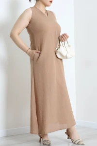 Keten V Yaka Elbise Camel - 71671.2071.