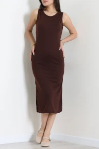 Sıfır Kol Yırtmaçlı Süprem Elbise Acıkahve - 71557.1567.