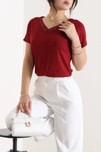 Yaka Dantel Detaylı İpeksi Viskon Bluz Bordo - 71513.1567.