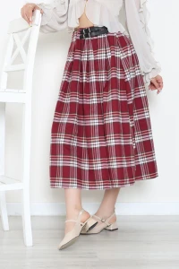 Çift Kemerli Ekoseli Etek Bordo - 3297.179.