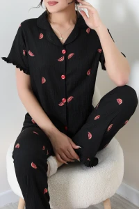 Bürümcük Düğmeli Pijama Takımı Siyahkırmızı - 53501.2123.