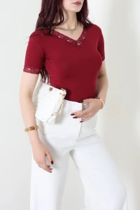 Ön Arka V Yaka Dantelli İpeksi Viskon Body Bordo - 71652.1567.