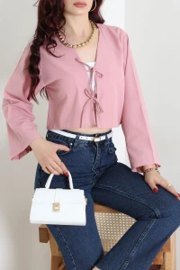 Önü Bağlamalı Bluz Gömlek Pembe - 30871.1949.