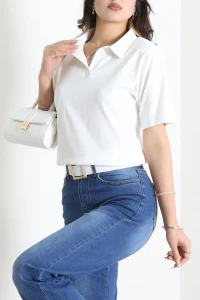 Vatkalı Polo Yaka Penye Tişört Beyaz - 55206.1868.
