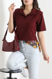 Vatkalı Polo Yaka Penye Tişört Bordo - 55206.1868.