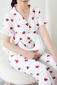 Bürümcük Fırfırlı Pijama Takımı Beyazkırmızı - 127.1287.