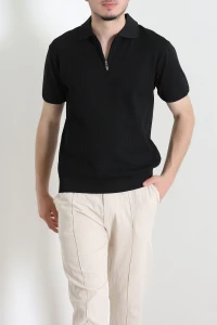 Polo Yaka Fermuarlı Kısa Kollu Erkek Triko Siyah - 71658.518.