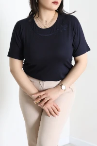 Taş İşlemeli Büyük Beden Bluz Lacivert - 71757.2080.