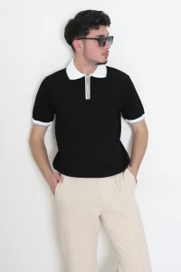 Polo Yaka Fermuarlı Kısa Kollu Erkek Triko Siyah - 71655.518.