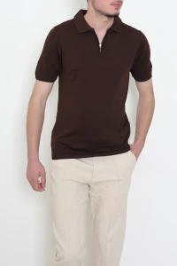 Polo Yaka Yarım Fermuarlı Kısa Kollu Erkek Triko Kahve - 71657.518.