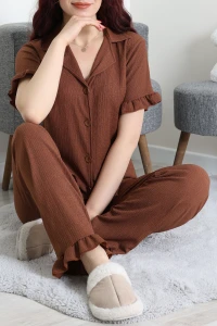 Bürümcük Fırfırlı Pijama Takımı Kahverengi - 127.1287.