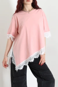 Kolları Ve Eteği Dantel Detaylı Asimetrik Kesim Penye Bluz Pudra - 71482.308.