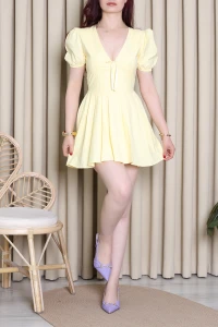 Poplin Balon Kol Elbise Sarı - 52395.2168.
