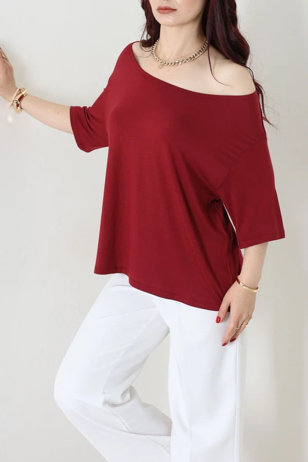 Kayık Yaka Oversize İpeksi Viskon Tişört Bordo - 55213.1567.