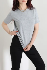 Bisiklet Yaka Kısa Kollu Viskon Bluz Gri - 71488.599.