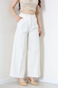 Beli Lastikli Palazzo Keten Pantolon Beyaz - 71570.2061.