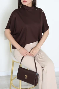 Modal Kumaş Omuz Çıtçıt Detaylı Yarasa Kol Bluz Kahve - 71762.2180.