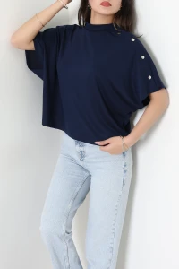 Modal Kumaş Omuz Çıtçıt Detaylı Yarasa Kol Bluz Lacivert - 71762.2180.
