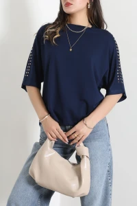 Modal Kumaş Omuz Taş Detaylı Bluz Lacivert - 71763.2180.
