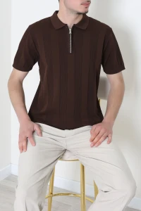 Premium Fitilli Polo Yaka Yarım Fermuar Erkek Tişört Kahve - 71901.2167.