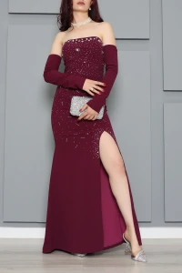 İthal Kumaş Straplez Taş Detaylı Abiye Mürdüm - 583337.1592.