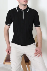 Premium Fitilli Polo Yaka Garnili Erkek Tişört Siyah - 71900.2167.
