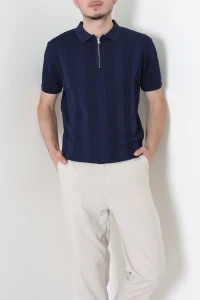 Premium Fitilli Polo Yaka Yarım Fermuar Erkek Tişört Lacivert - 71901.2167.