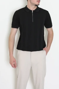 Premium Fitilli Polo Yaka Yarım Fermuar Erkek Tişört Siyah - 71901.2167.