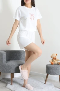 Süprem Baskılı Şortlu Pijama Takımı Beyaz - 53529.1567.