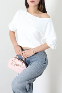Kayık Yaka Yarasa Kol Taşlı Modal Bluz Beyaz - 71754.2023.