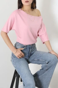 Kayık Yaka Yarasa Kol Taşlı Modal Bluz Pembe - 71754.2023.