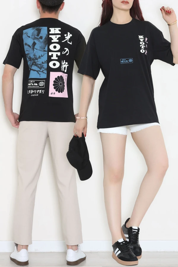 Baskılı Unisex Kompakt Penye Tişört Siyahpembe - 55272.1872.