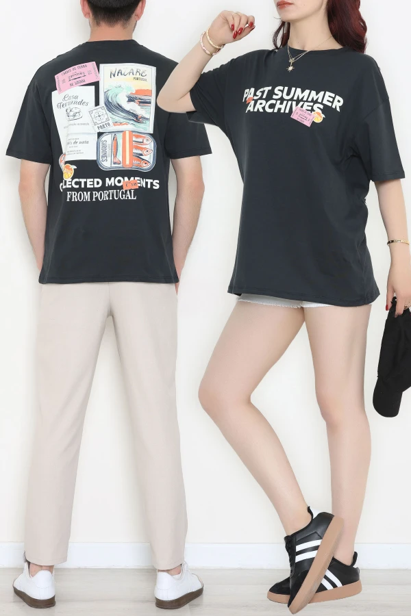 Baskılı Unisex Kompakt Penye Tişört Koyufüme - 55272.1872.