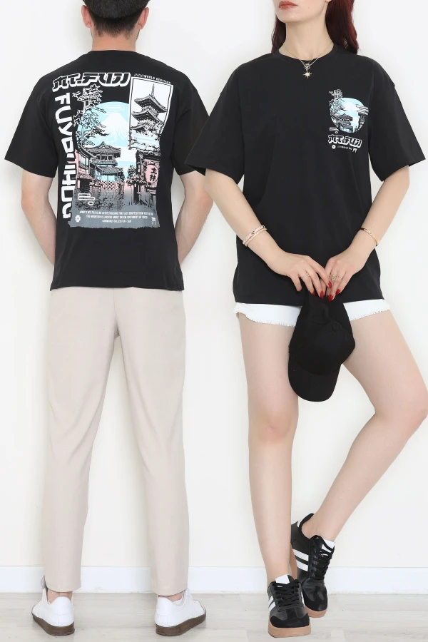 Baskılı Unisex Kompakt Penye Tişört Siyahmavi - 55272.1872.