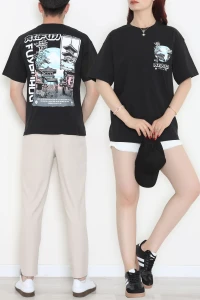 Baskılı Unisex Kompakt Penye Tişört Siyahmavi - 55272.1872.