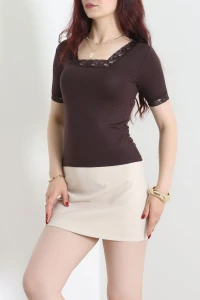 Kare Yaka Dantelli İpeksi Viskon Body Acıkahve - 71651.1567.