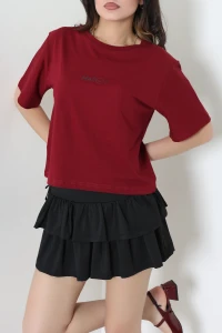 Bisiklet Yaka Oversize Baskılı Penye Tişört Bordo - 55209.1878.
